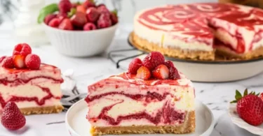 Erdbeer-Swirl Cheesecake: Cremiger Käsekuchen mit fruchtigem Erdbeerstrudel