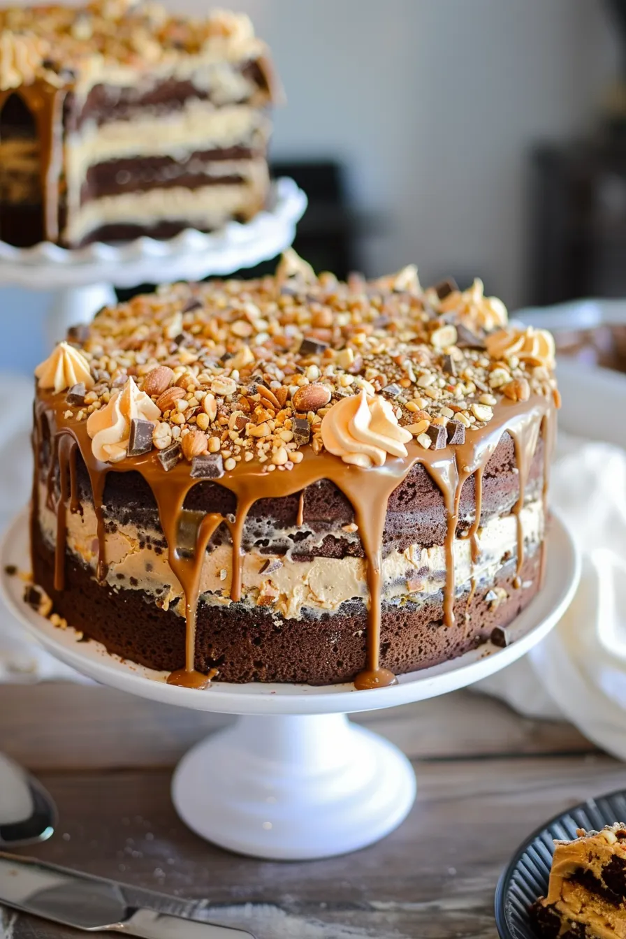 Schokoladen-Erdnussbutter-Karamell-Torte mit Toffee