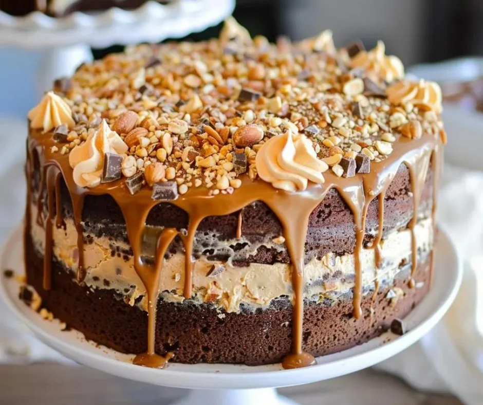 Schokoladen-Erdnussbutter-Karamell-Torte mit Toffee