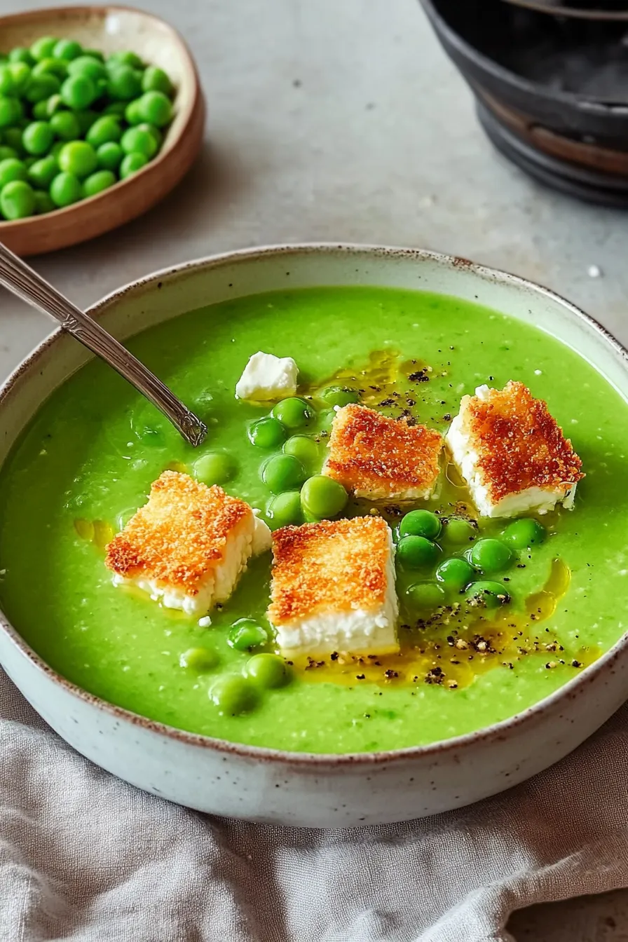 Cremige Erbsensuppe mit knusprigem Feta: Einfaches Suppen Rezept für Genießer