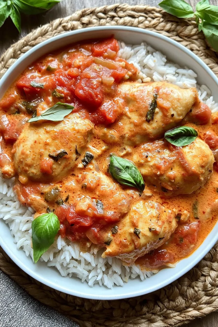 Leckeres Hähnchen Rezept: Saftige Hühnerbrust mit Reis und Tomatensoße