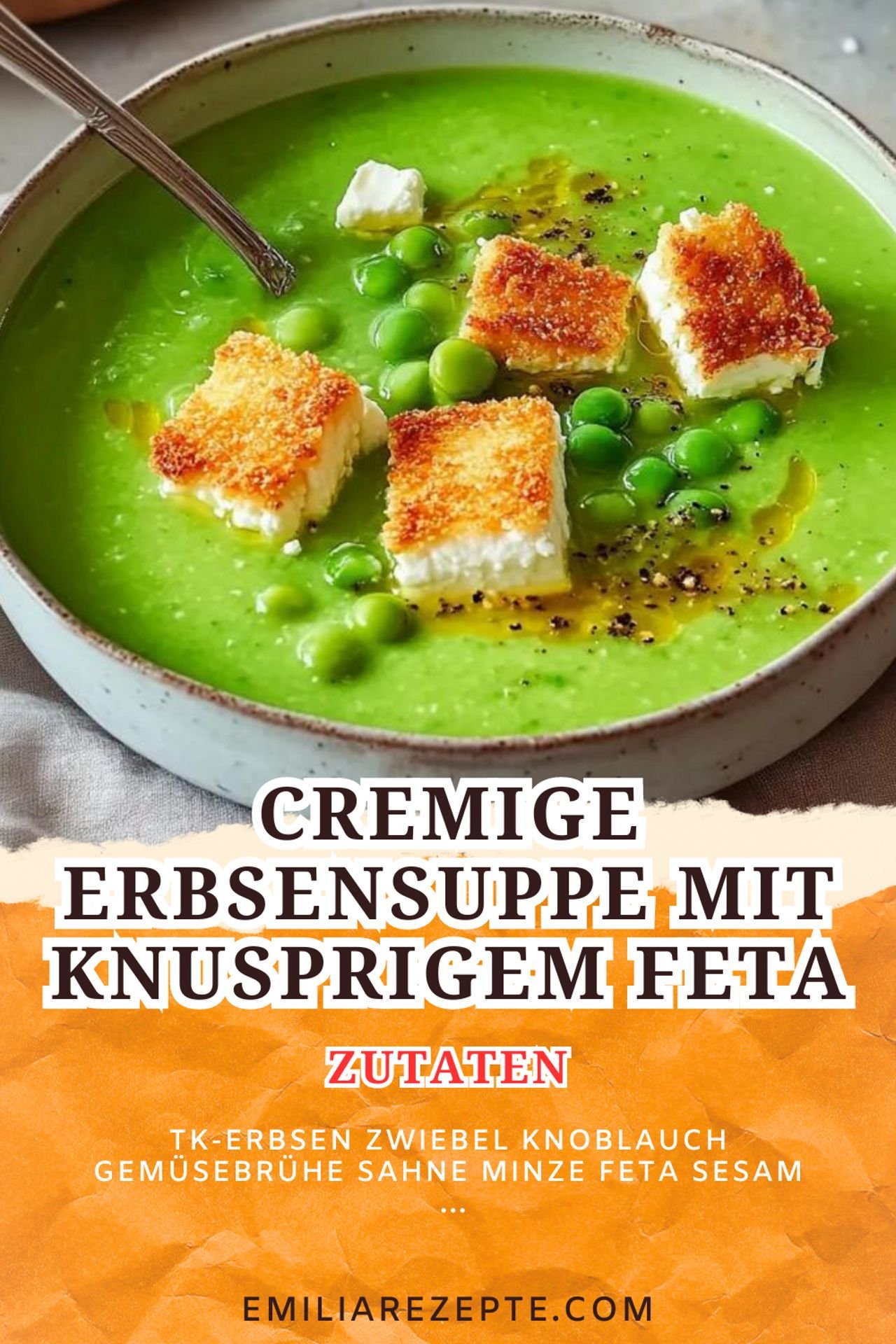 Cremige Erbsensuppe mit knusprigem Feta: Einfaches Suppen Rezept für Genießer