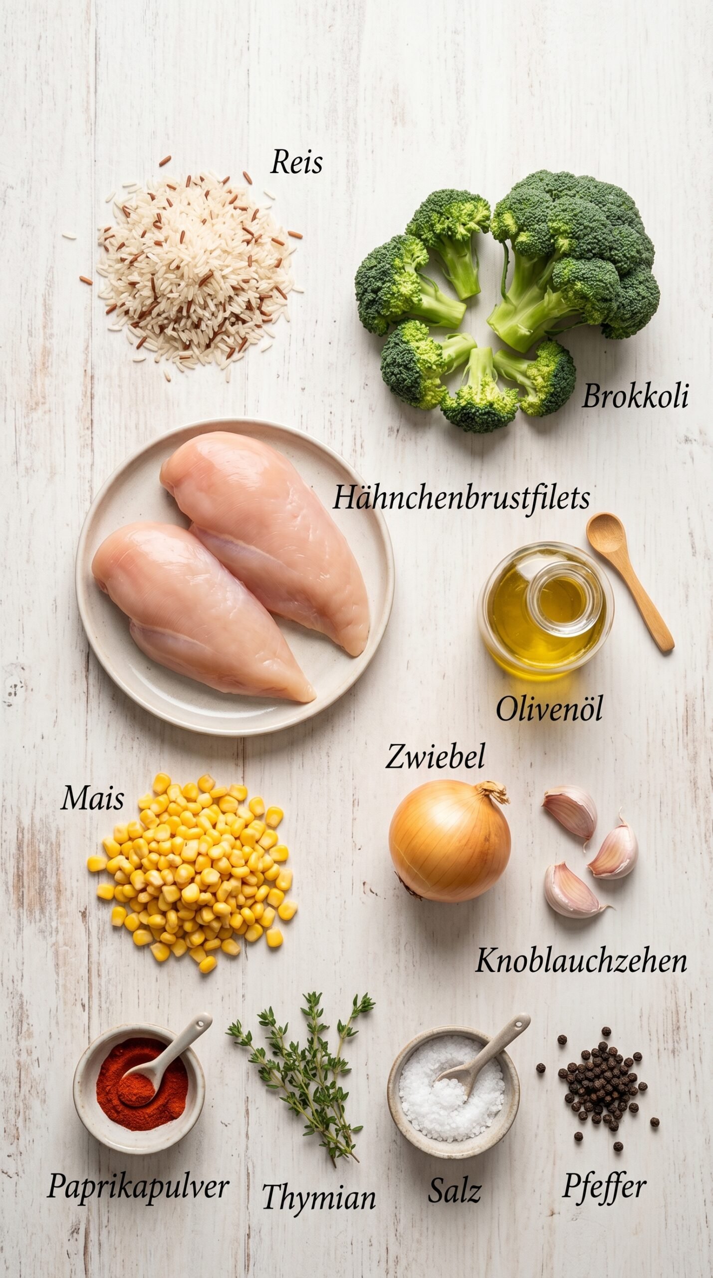 Hähnchen-Reis-Pfanne mit Brokkoli und Mais recipe ingredients