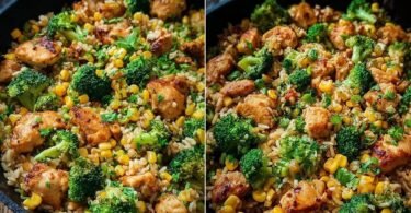 Hähnchen-Reis-Pfanne mit Brokkoli und Mais recipe photo