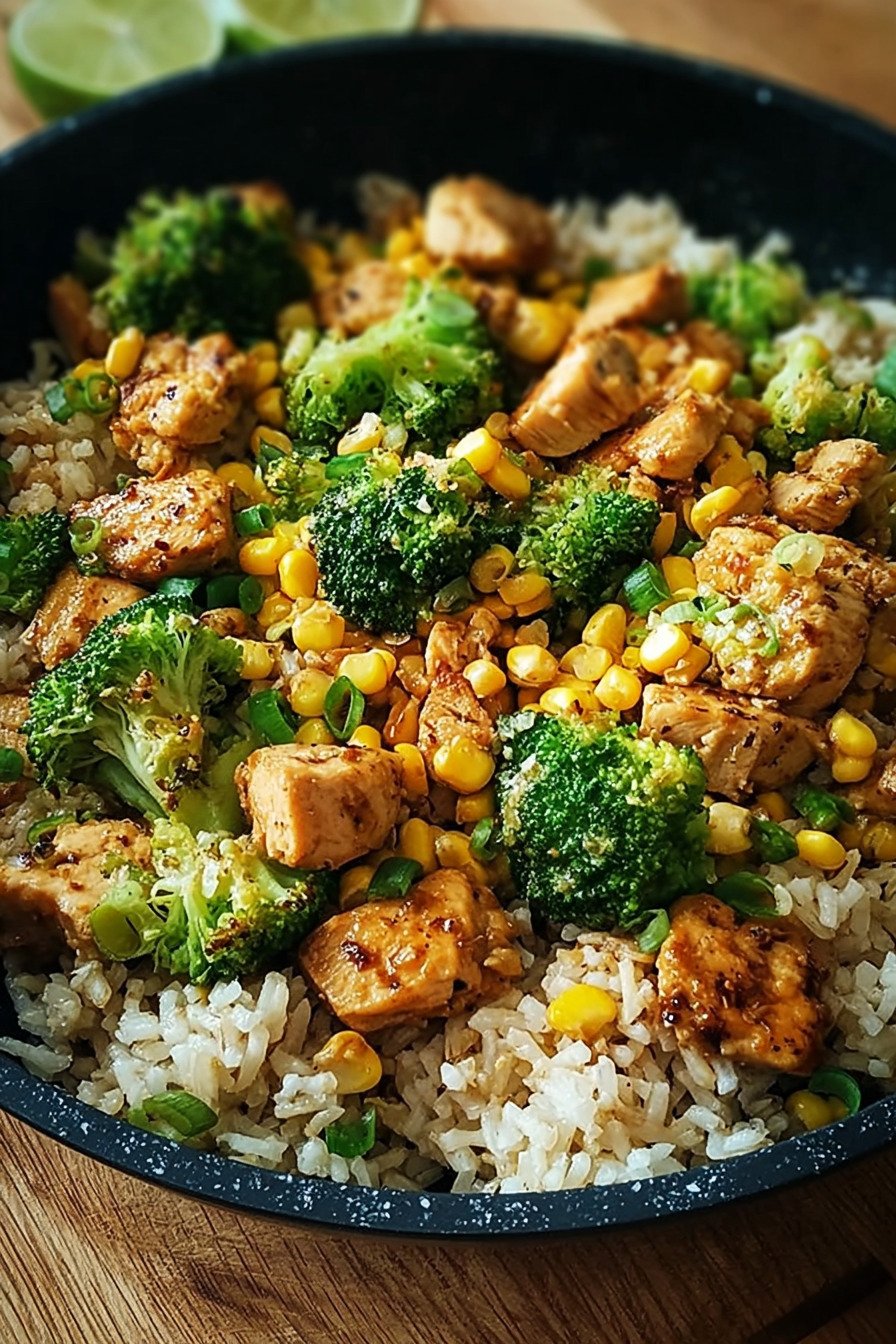 Hähnchen-Reis-Pfanne mit Brokkoli und Mais final result