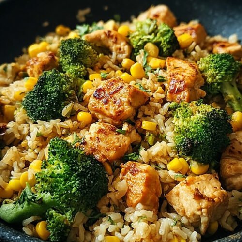 Hähnchen-Reis-Pfanne mit Brokkoli und Mais extra recipe photo