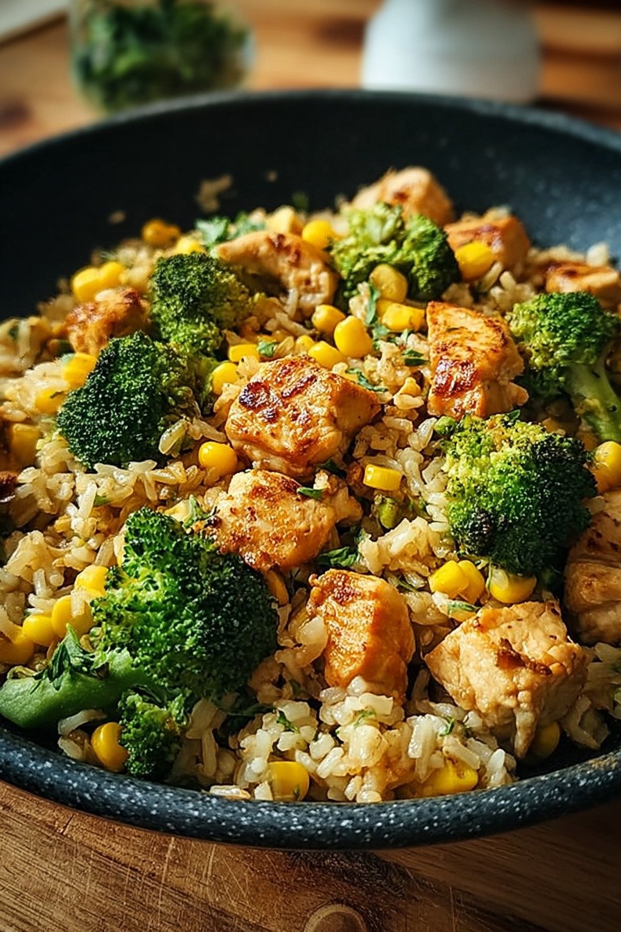 Hähnchen-Reis-Pfanne mit Brokkoli und Mais extra recipe photo