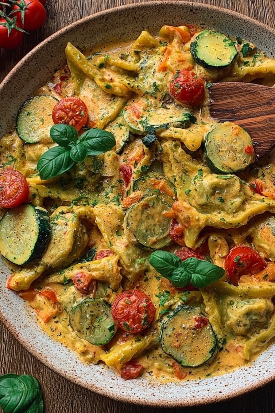 Cremige Maultaschenpfanne mit Zucchini und Tomaten final result