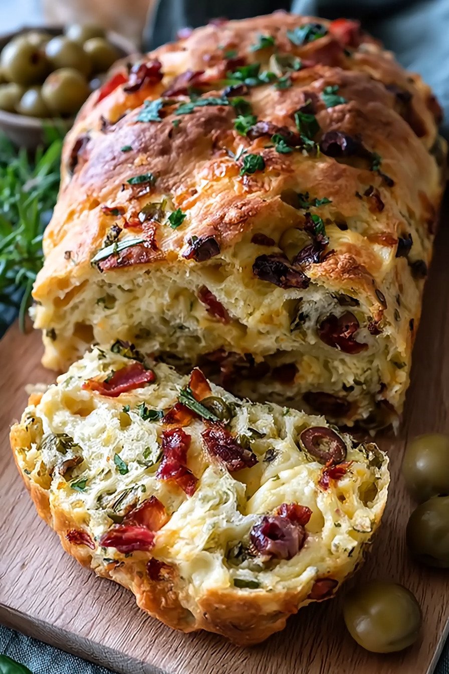 Herzhaftes Oliven-Speck-Käse-Brot mit knuspriger Kruste extra recipe photo