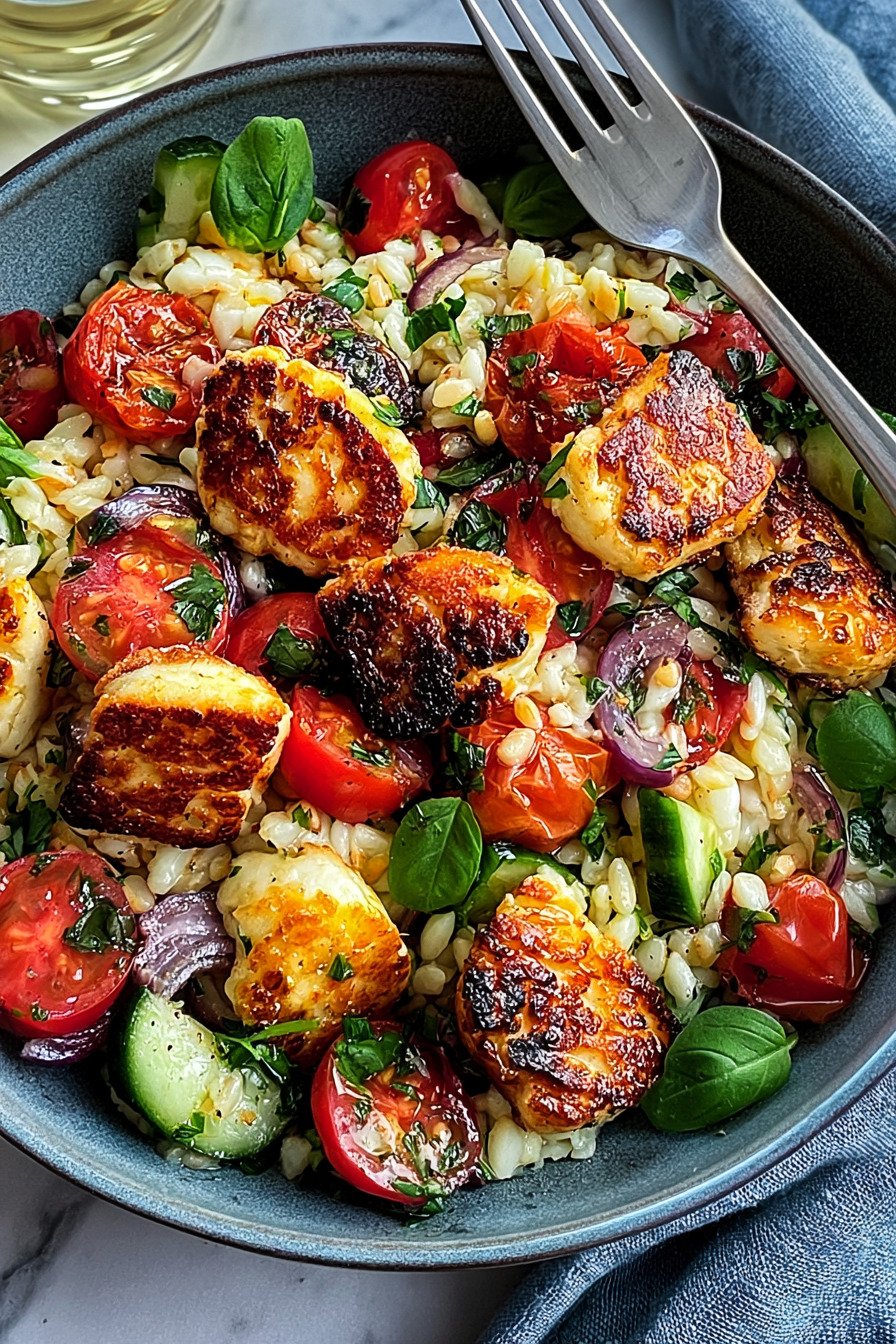 Kritharaki-Salat mit Halloumi-Croutons final result