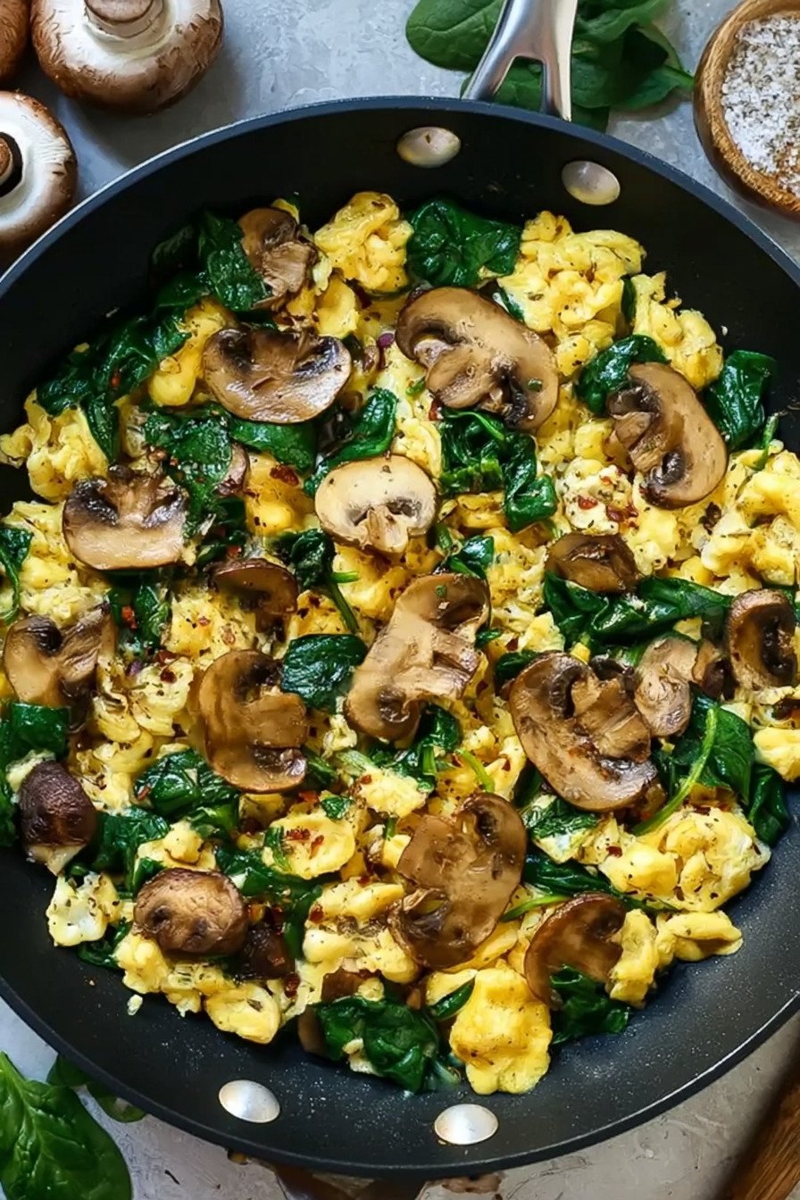 10-Minute Mushroom Spinach Scrambled Eggs mit Pilzen und Spinat final result