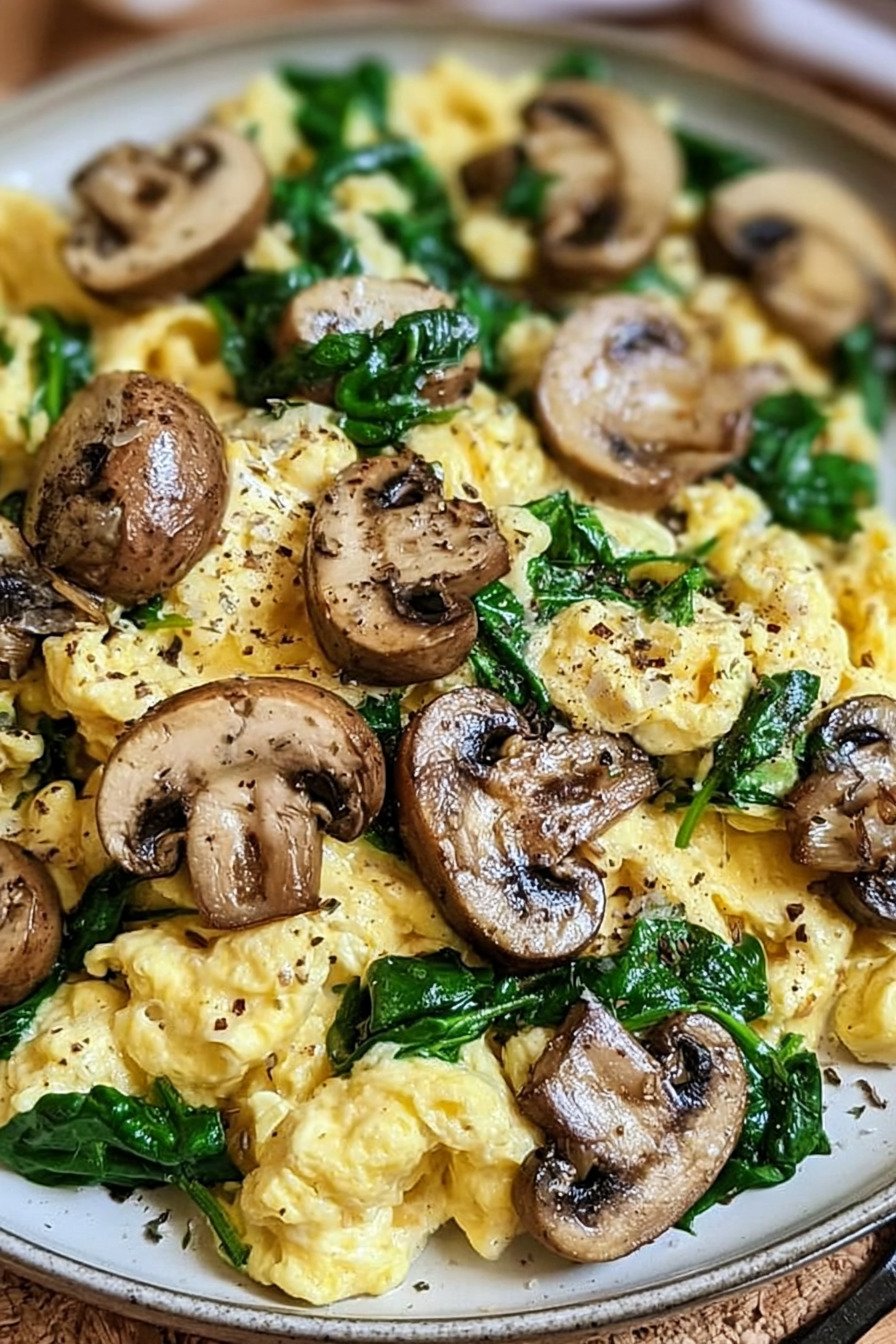 10-Minute Mushroom Spinach Scrambled Eggs mit Pilzen und Spinat extra recipe photo