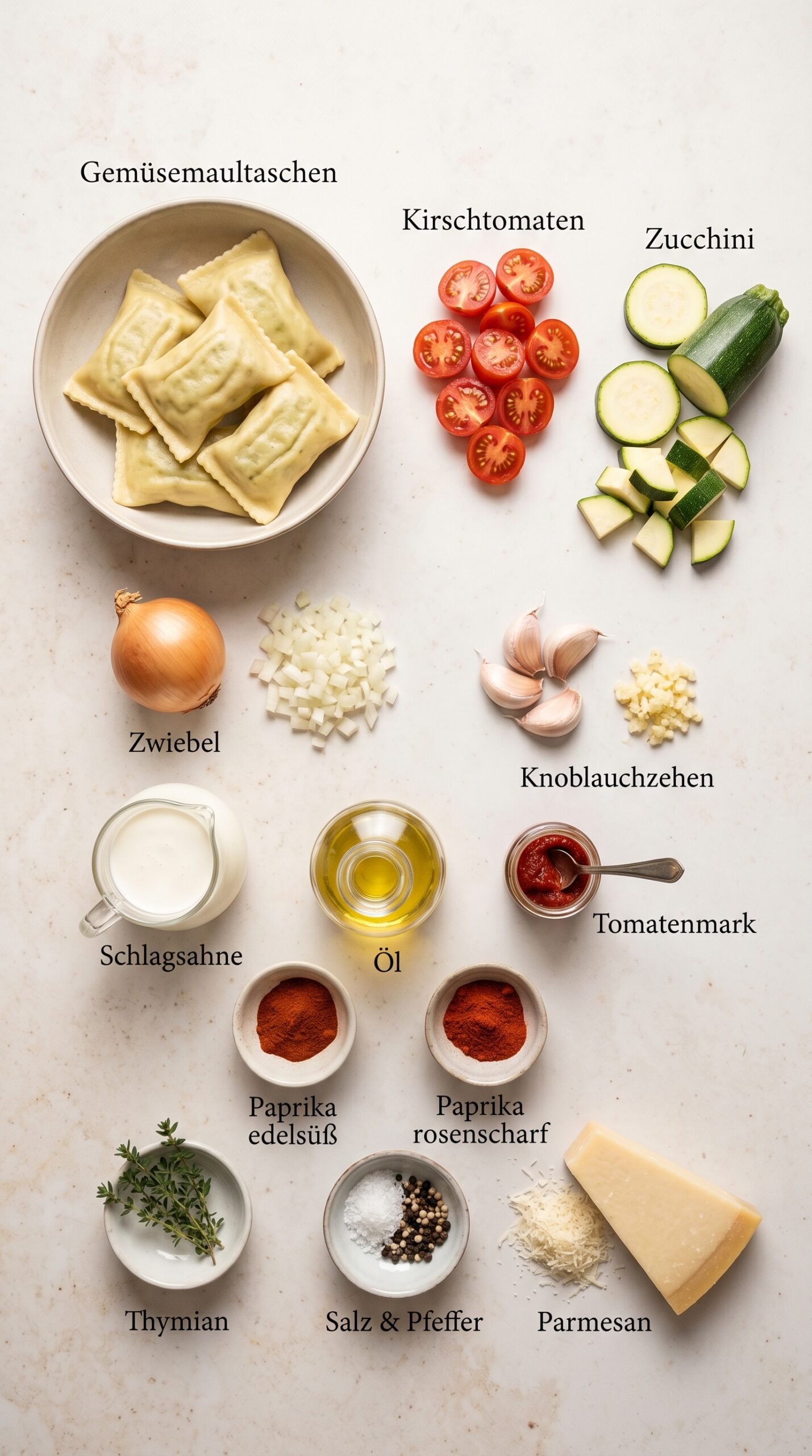Cremige Maultaschenpfanne mit Zucchini und Tomaten recipe ingredients