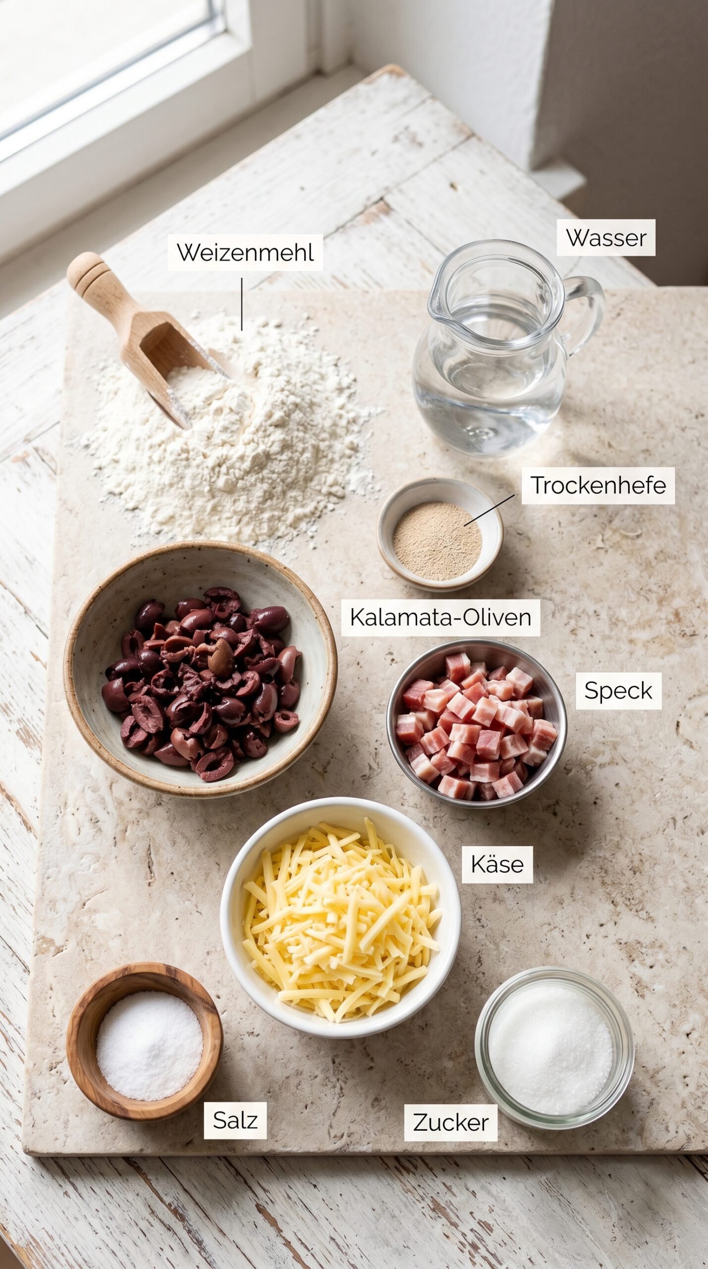 Herzhaftes Oliven-Speck-Käse-Brot mit knuspriger Kruste recipe ingredients
