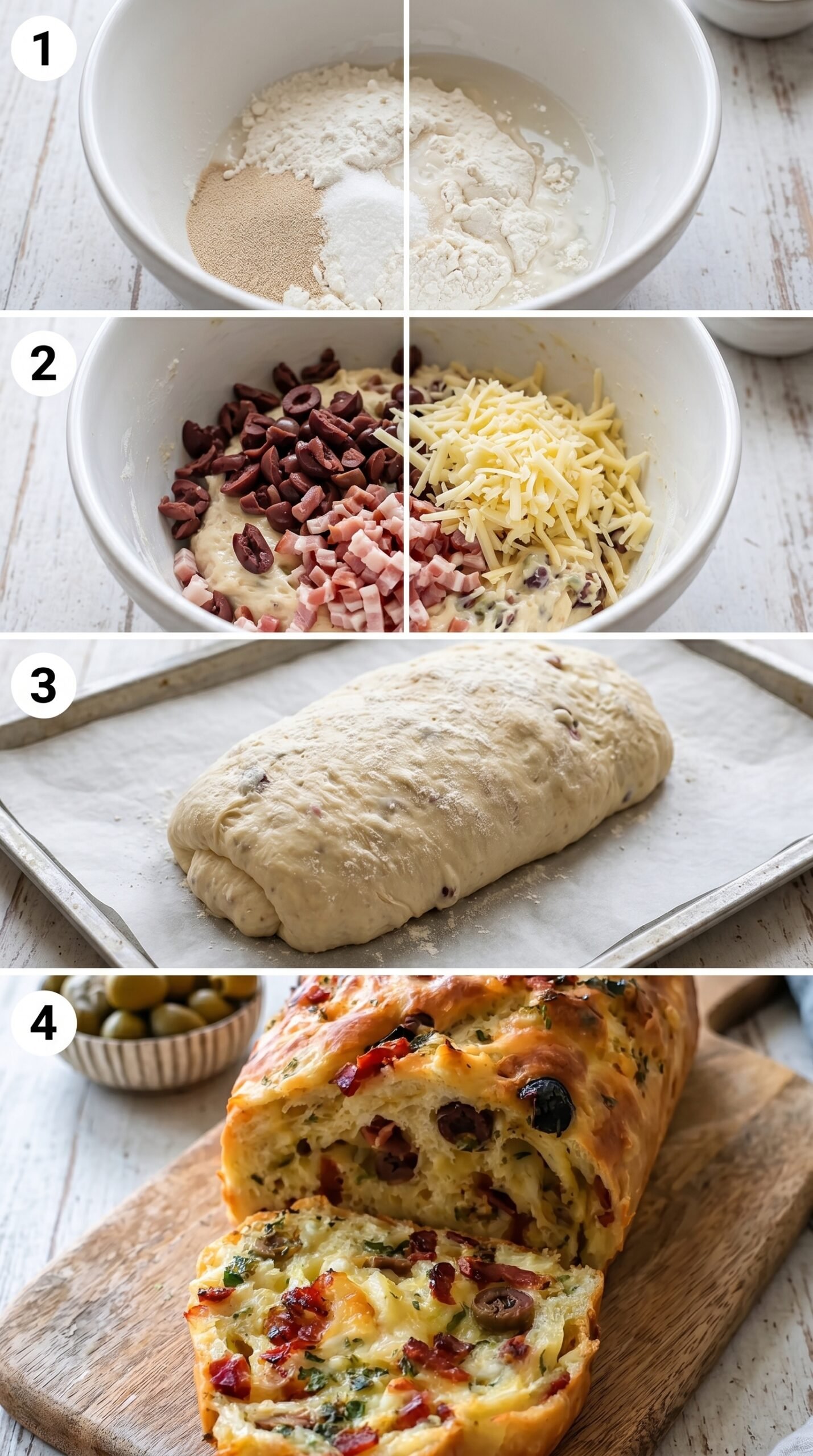 Herzhaftes Oliven-Speck-Käse-Brot mit knuspriger Kruste recipe instructions