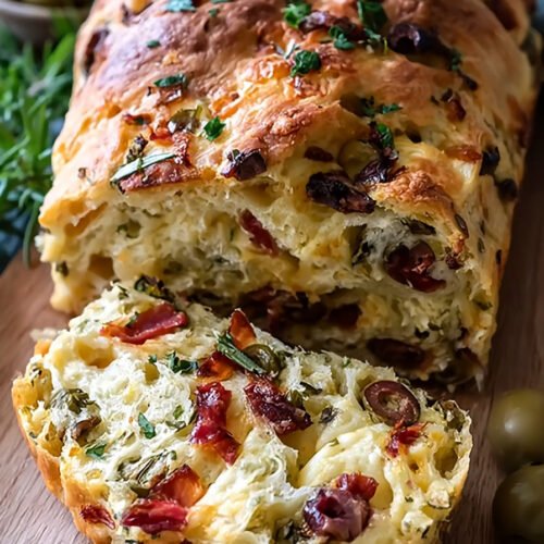 Herzhaftes Oliven-Speck-Käse-Brot mit knuspriger Kruste extra recipe photo