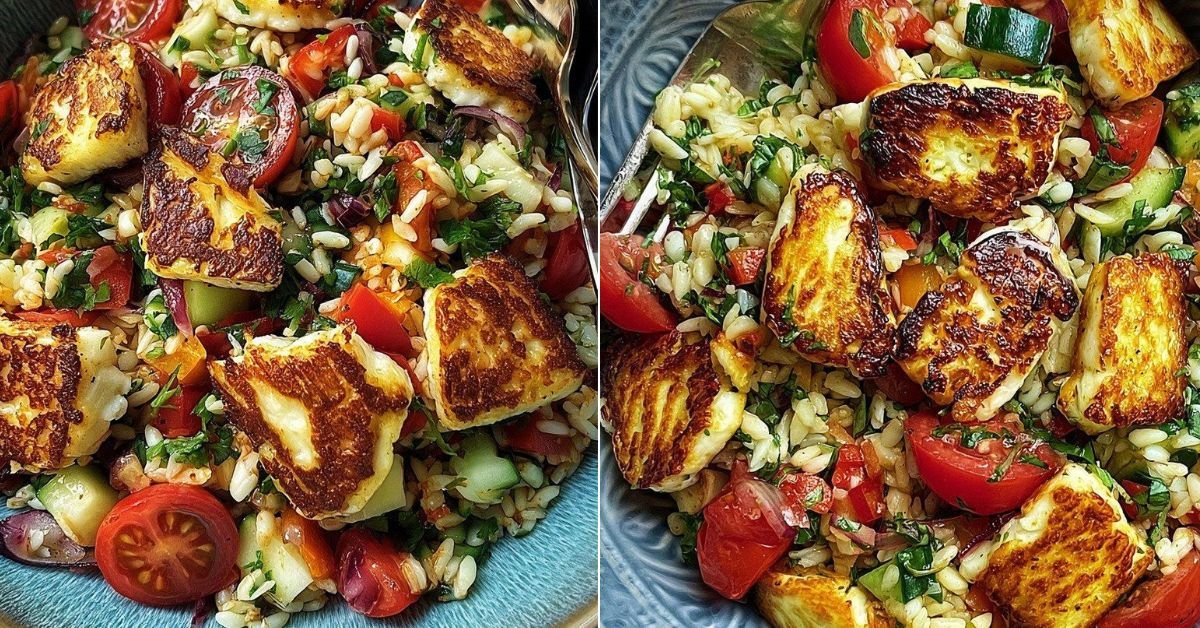 Kritharaki-Salat mit Halloumi-Croutons recipe photo