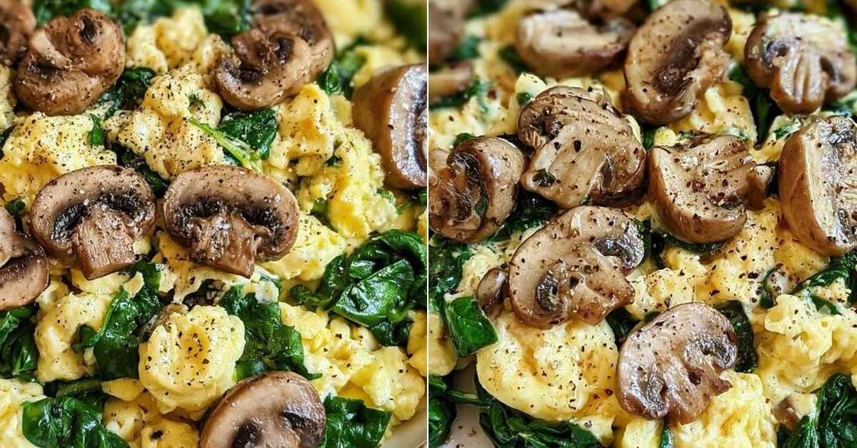 10-Minute Mushroom Spinach Scrambled Eggs mit Pilzen und Spinat recipe photo