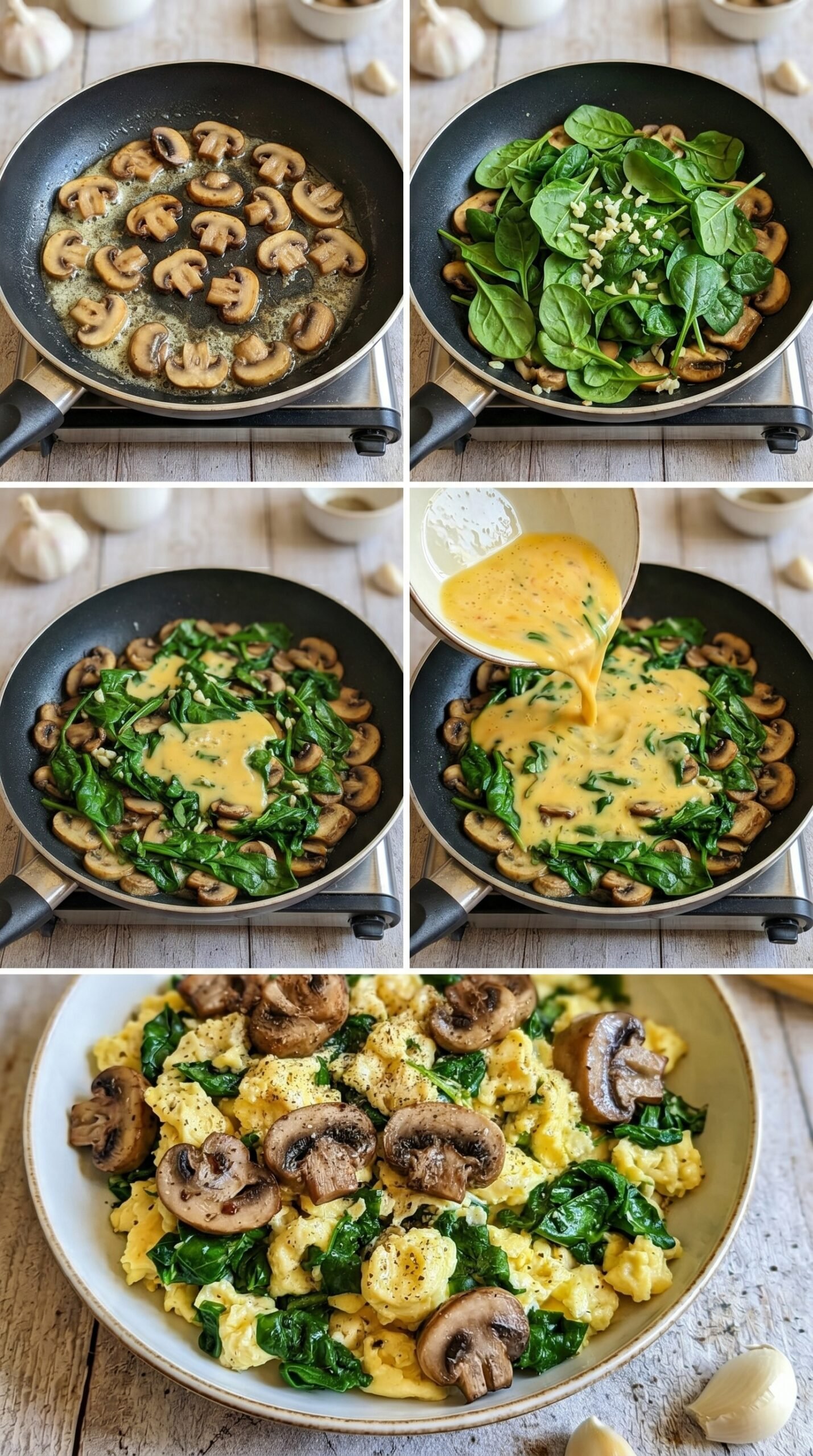 10-Minute Mushroom Spinach Scrambled Eggs mit Pilzen und Spinat recipe instructions